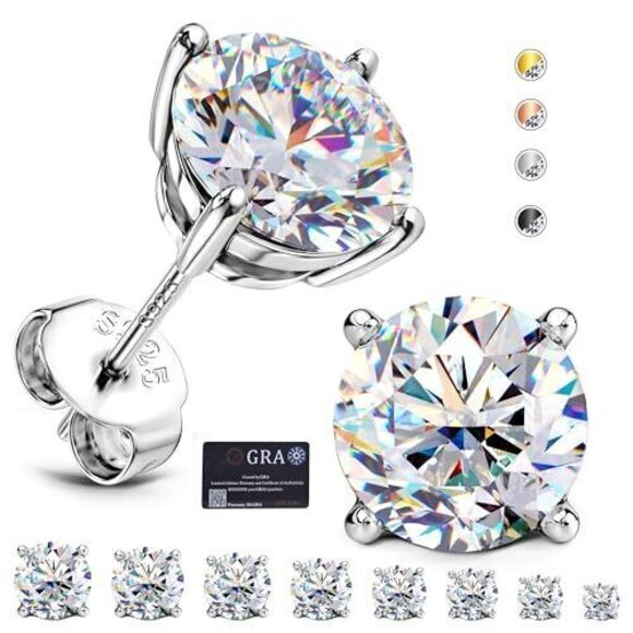 Jewelry - 9755 Moissanite Stud Earrings : 18K White Gold Plated Solid 925 Sterling
